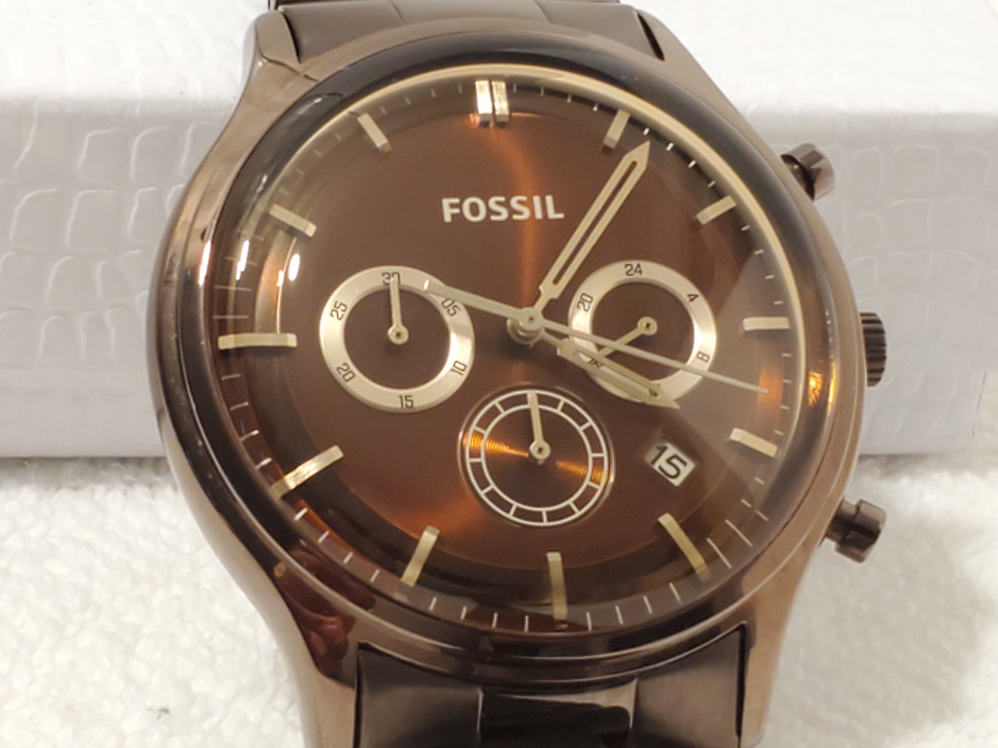 Vintage Fossil Men's Chronograph Date Brown Bronze Tone Stainless Steel Watch