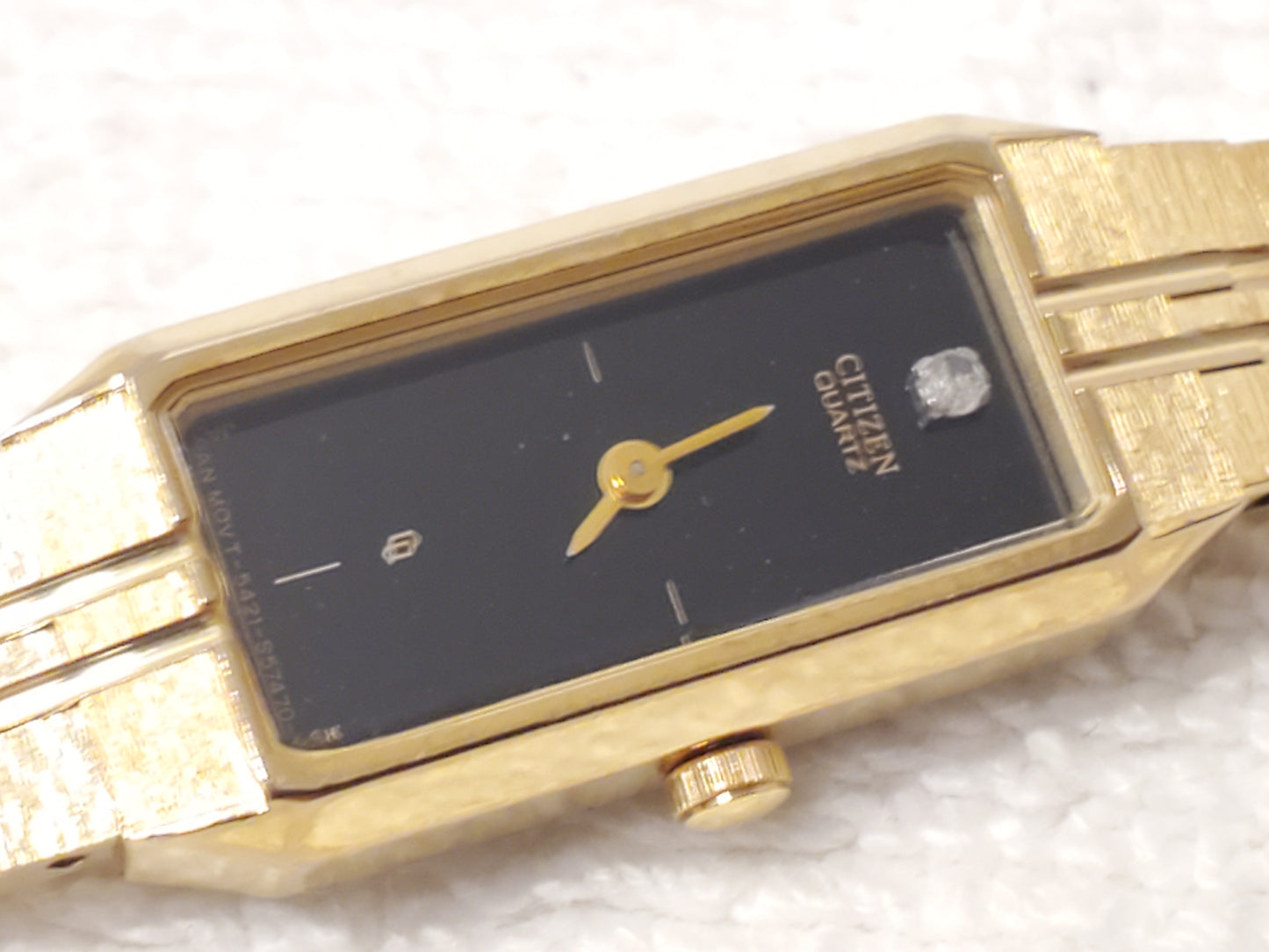 Vintage Citizen CQ Women's Quartz Tank Watch Gold Plated Black Dial Diamond