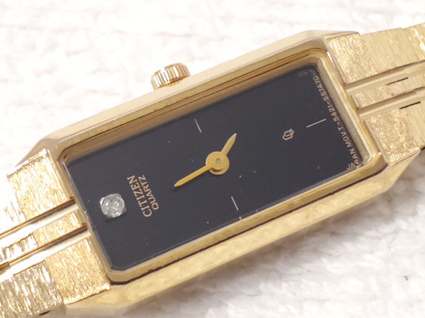 Vintage Citizen CQ Women's Quartz Tank Watch Gold Plated Black Dial Diamond