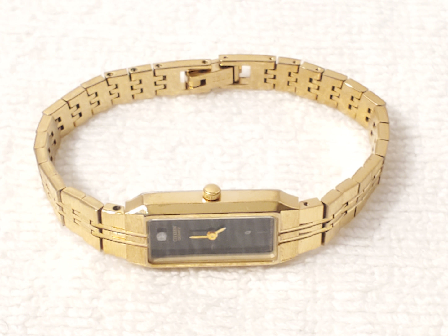 Vintage Citizen CQ Women's Quartz Tank Watch Gold Plated Black Dial Diamond