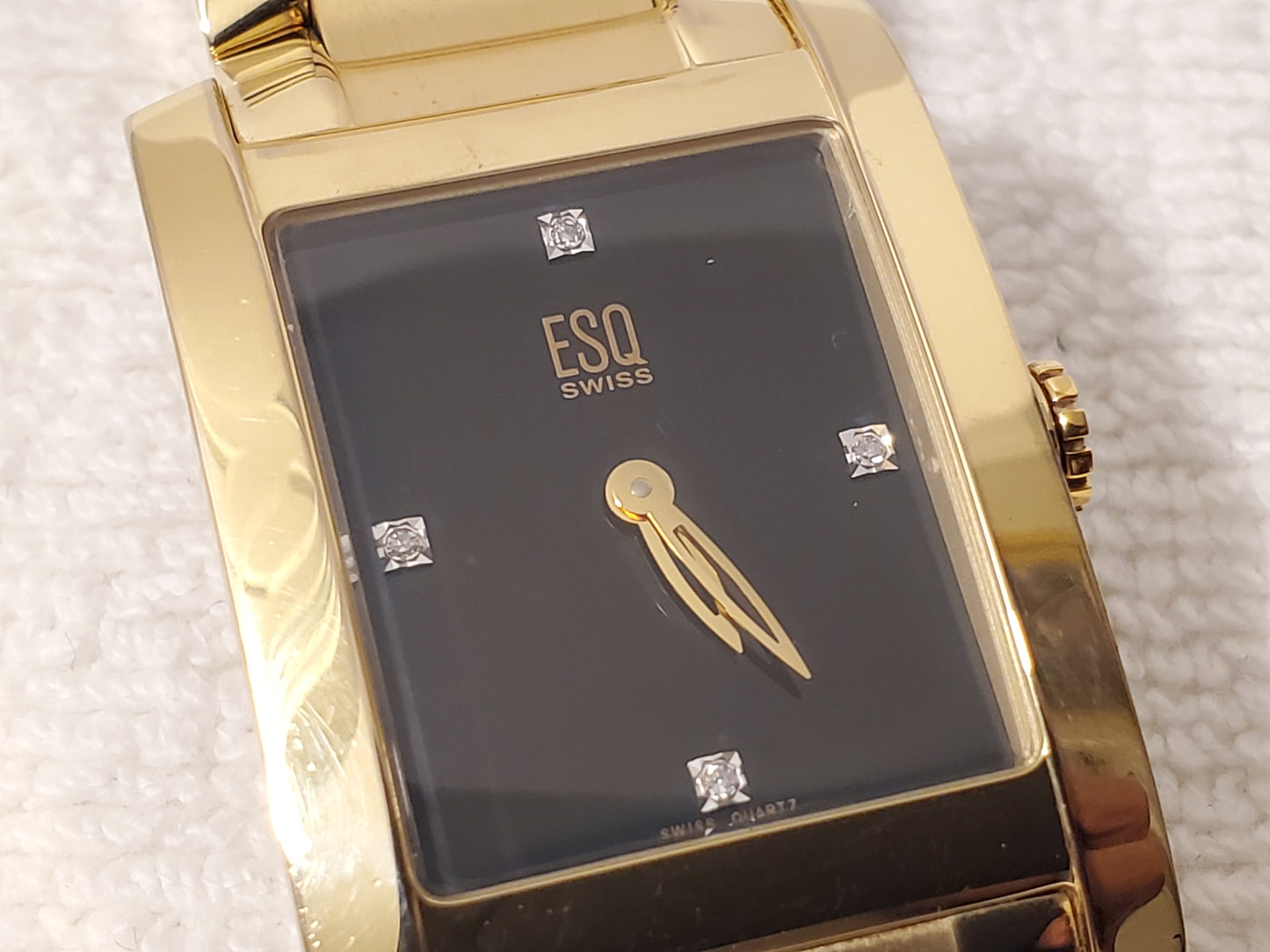 ESQ Swiss Men Tank Watch Diamonds Black Dial Stainless Steel 4 Jewels Gold Tone