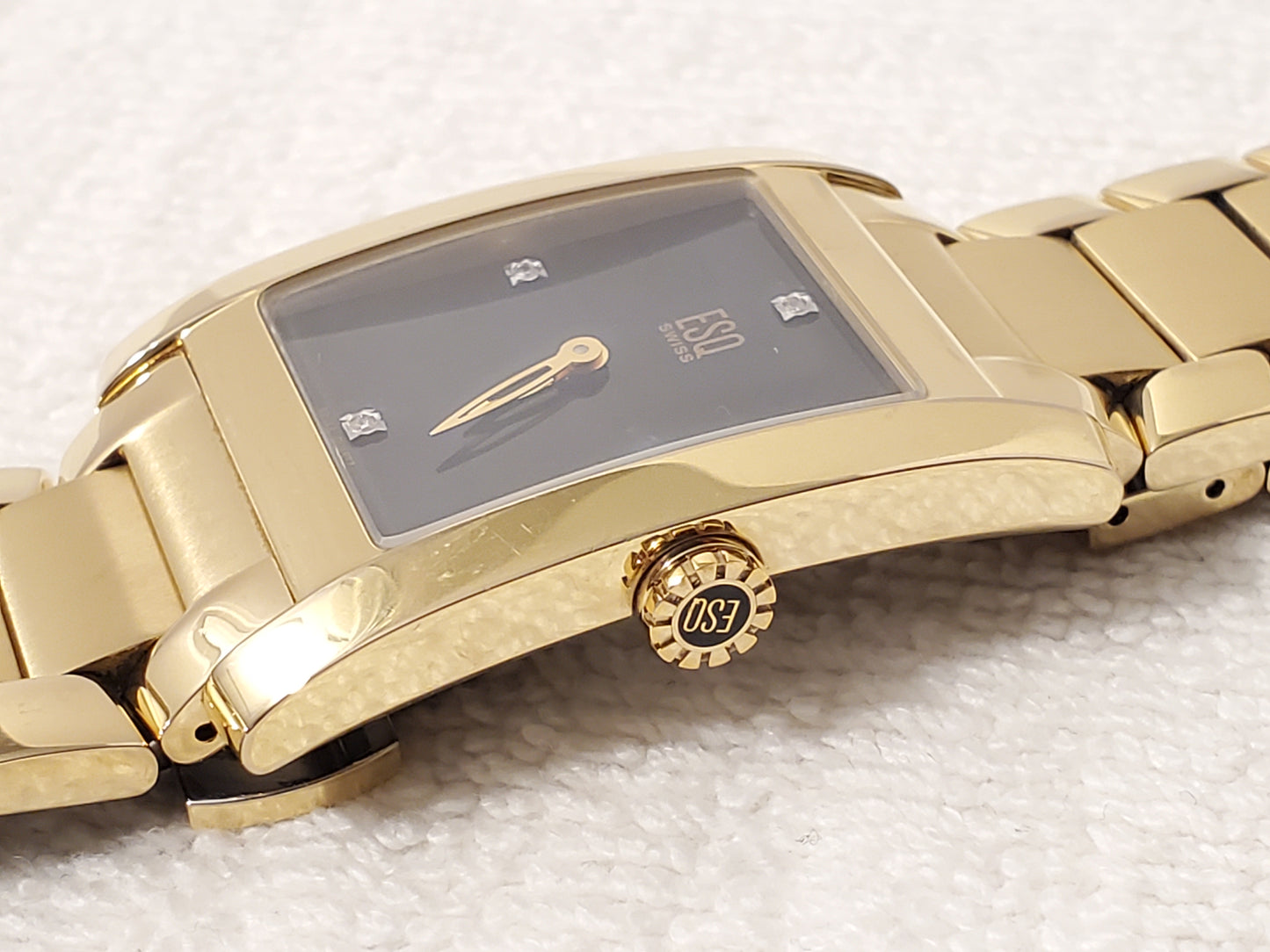 ESQ Swiss Men Tank Watch Diamonds Black Dial Stainless Steel 4 Jewels Gold Tone