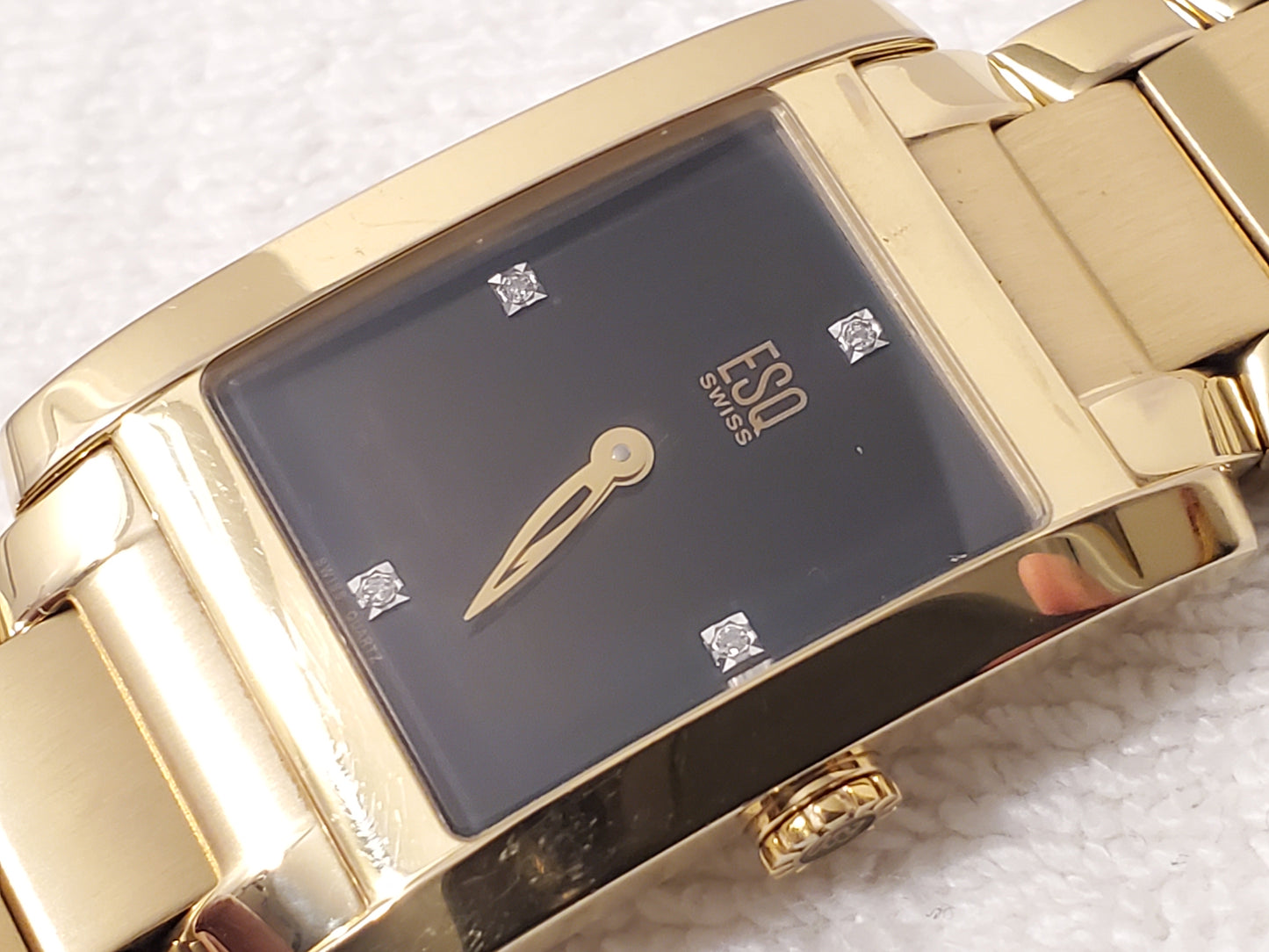 ESQ Swiss Men Tank Watch Diamonds Black Dial Stainless Steel 4 Jewels Gold Tone