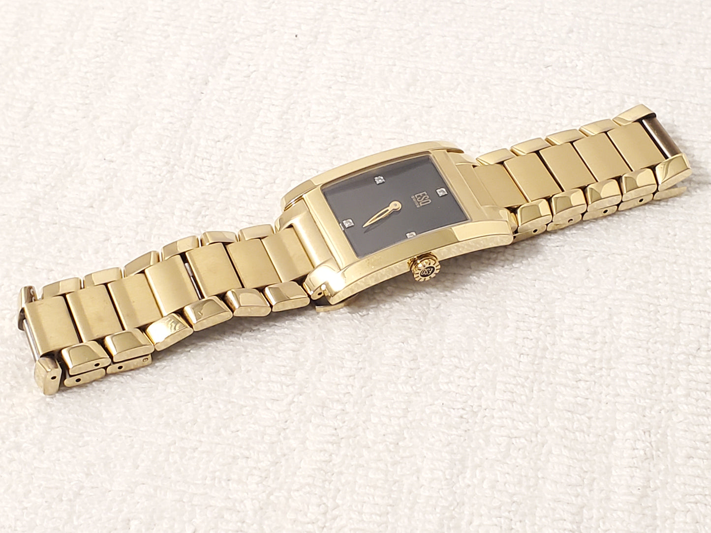 ESQ Swiss Men Tank Watch Diamonds Black Dial Stainless Steel 4 Jewels Gold Tone