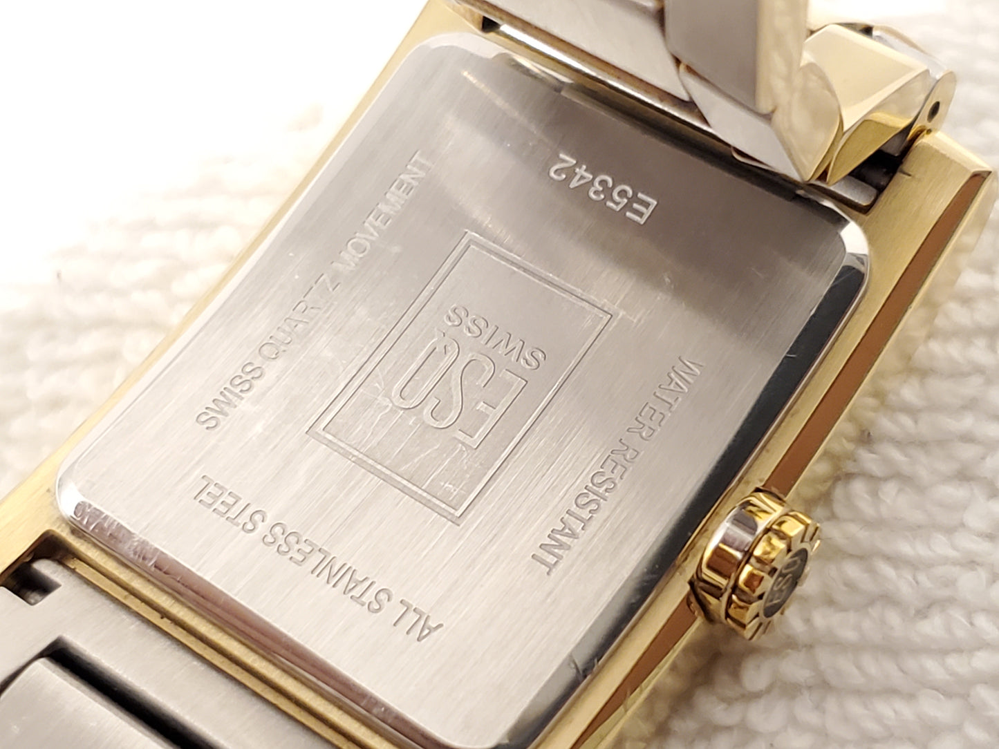 ESQ Swiss Men Tank Watch Diamonds Black Dial Stainless Steel 4 Jewels Gold Tone
