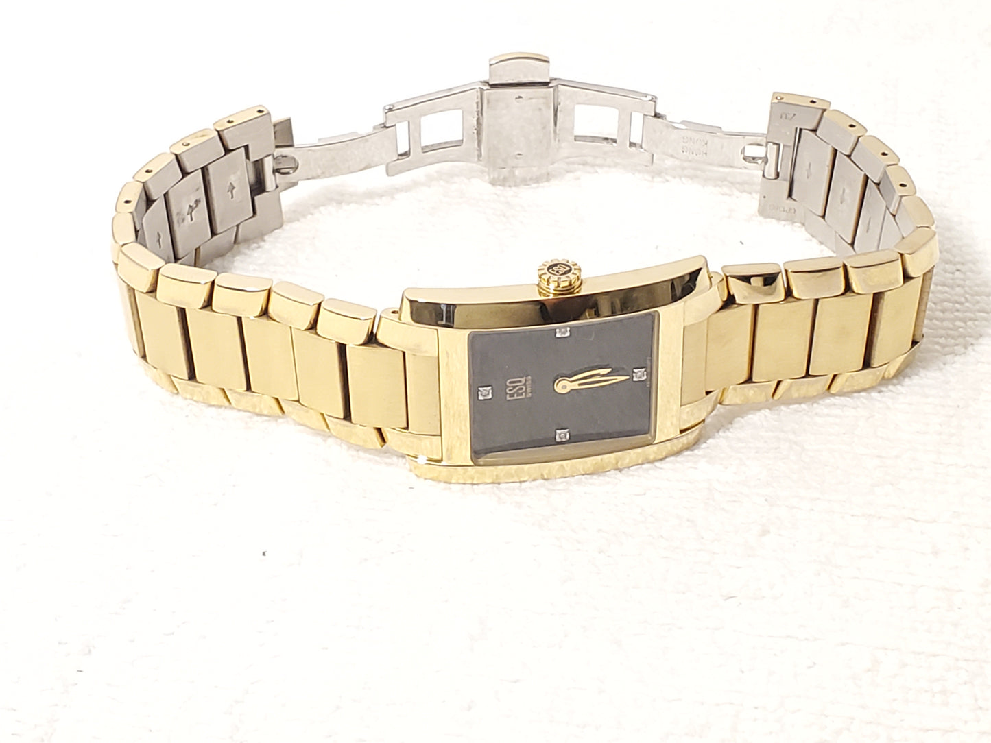 ESQ Swiss Men Tank Watch Diamonds Black Dial Stainless Steel 4 Jewels Gold Tone