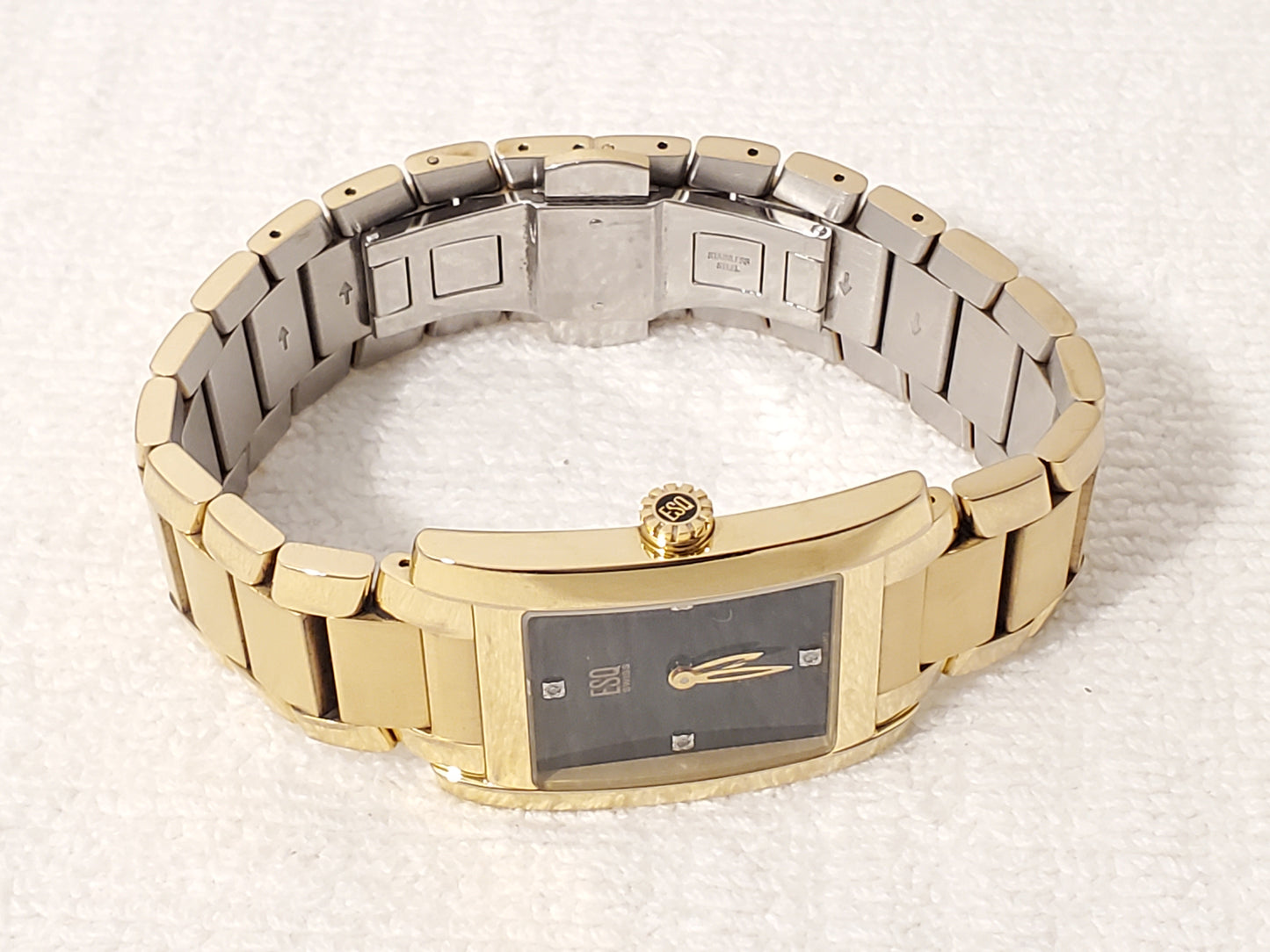 ESQ Swiss Men Tank Watch Diamonds Black Dial Stainless Steel 4 Jewels Gold Tone