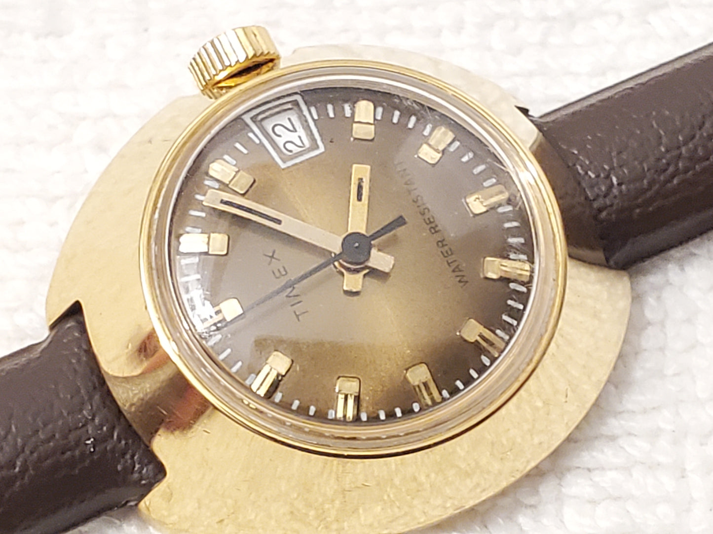 Vintage Timex Gold Plated Wind Up Analog Women's Watch Brown Dial Plastic Strap