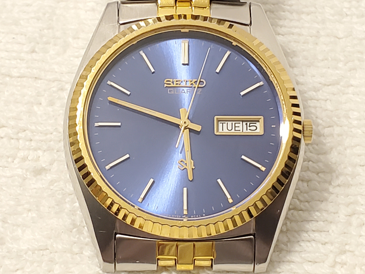 Vintage Seiko SQ Presidental Men's Day Date Watch Gold Tone Blue Dial One Jewel