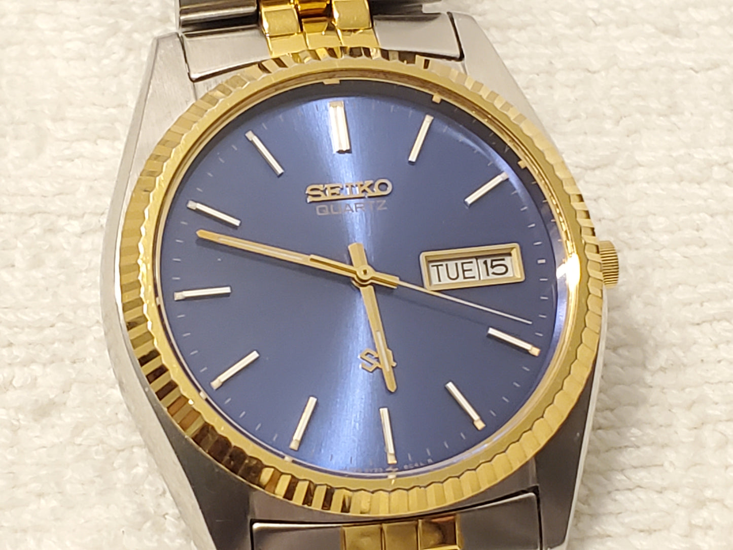 Vintage Seiko SQ Presidental Men's Day Date Watch Gold Tone Blue Dial One Jewel