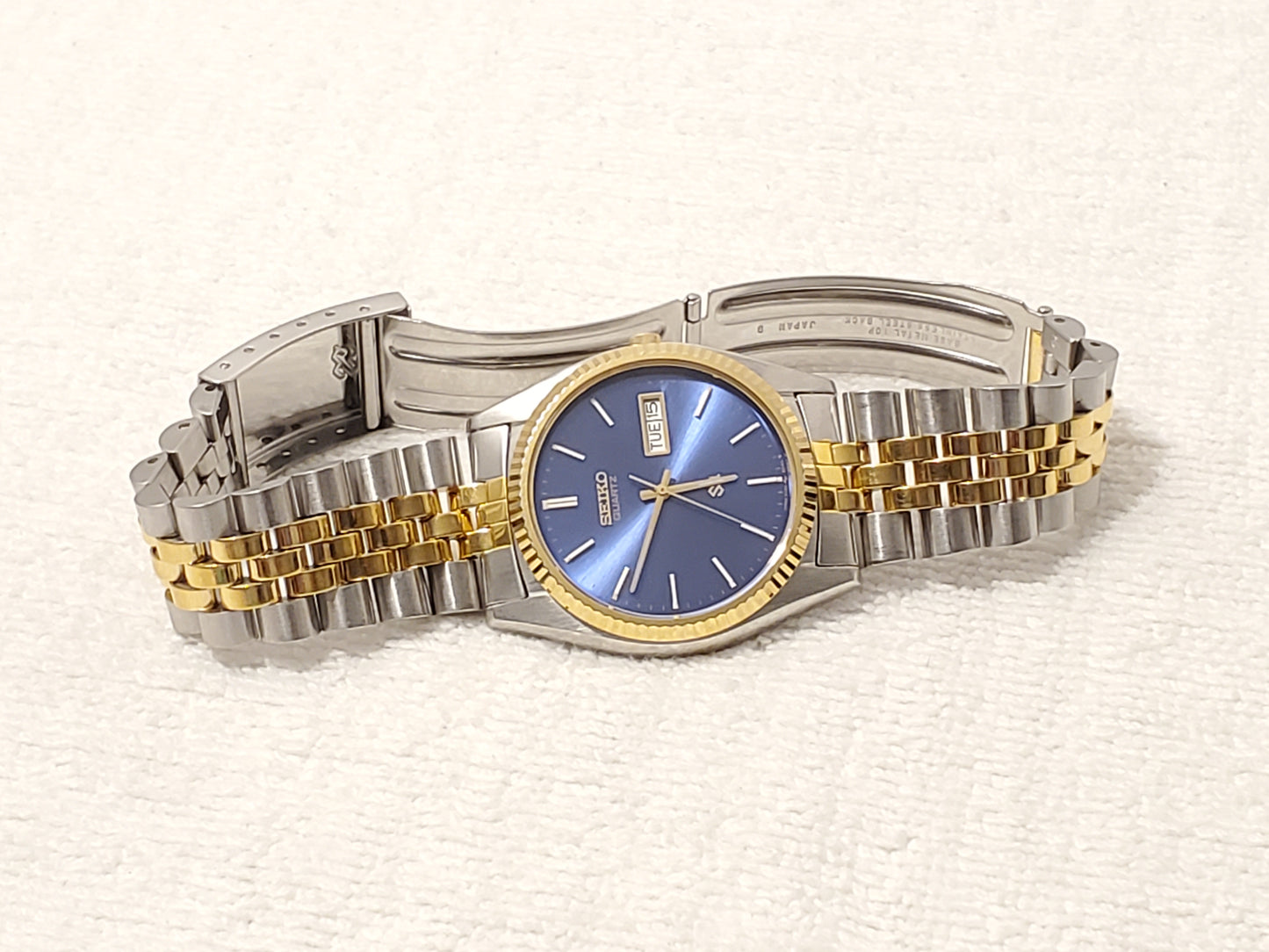 Vintage Seiko SQ Presidental Men's Day Date Watch Gold Tone Blue Dial One Jewel