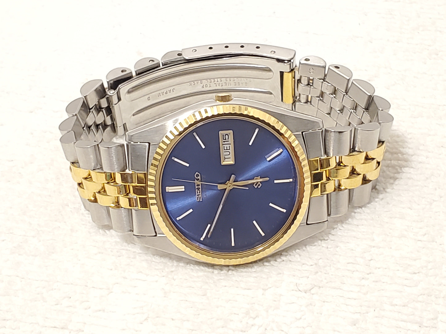 Vintage Seiko SQ Presidental Men's Day Date Watch Gold Tone Blue Dial One Jewel