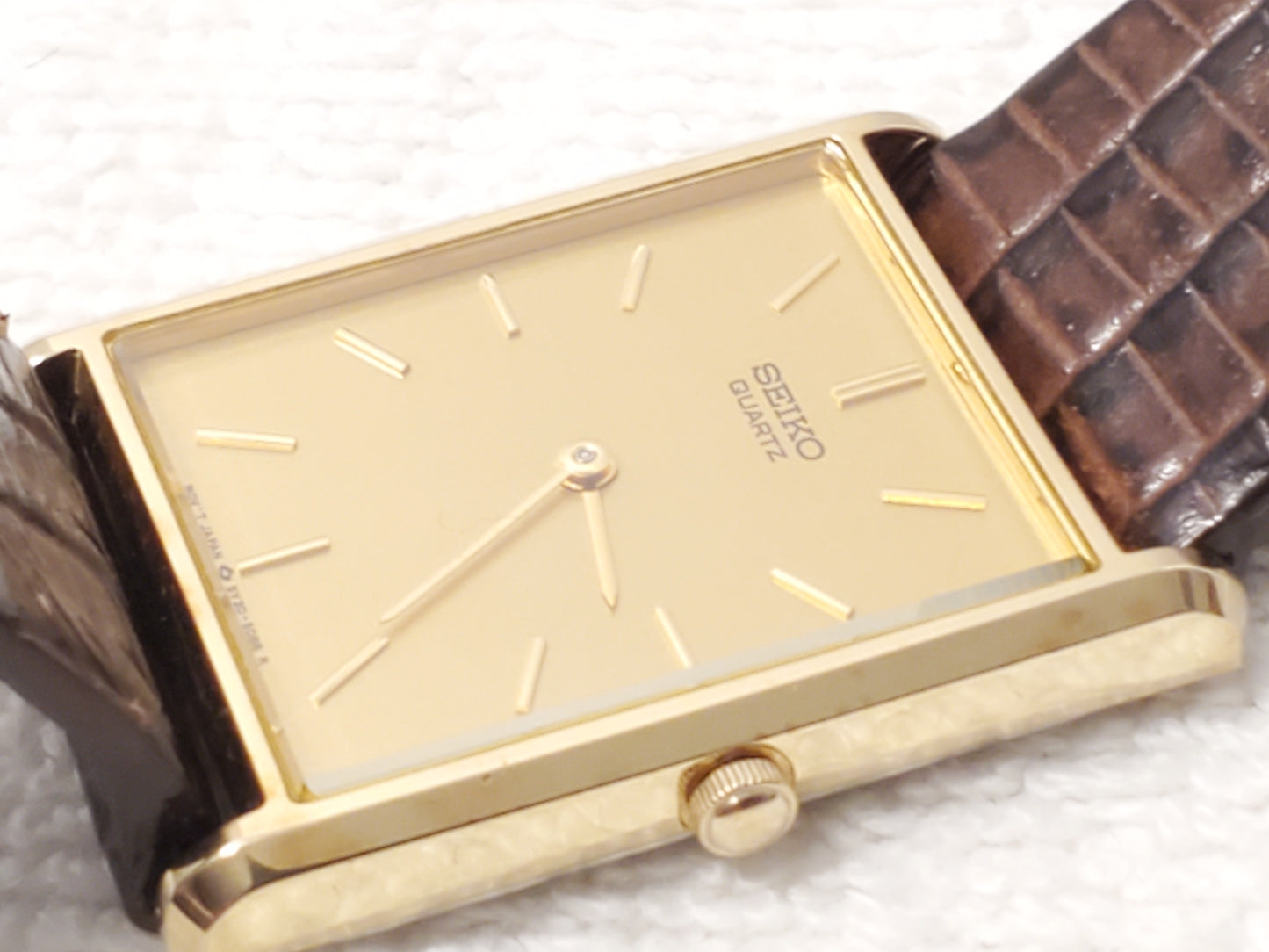 Vintage Seiko Men's Tank Watch Gold Tone One Jewel Brown Leather Strap S Steel