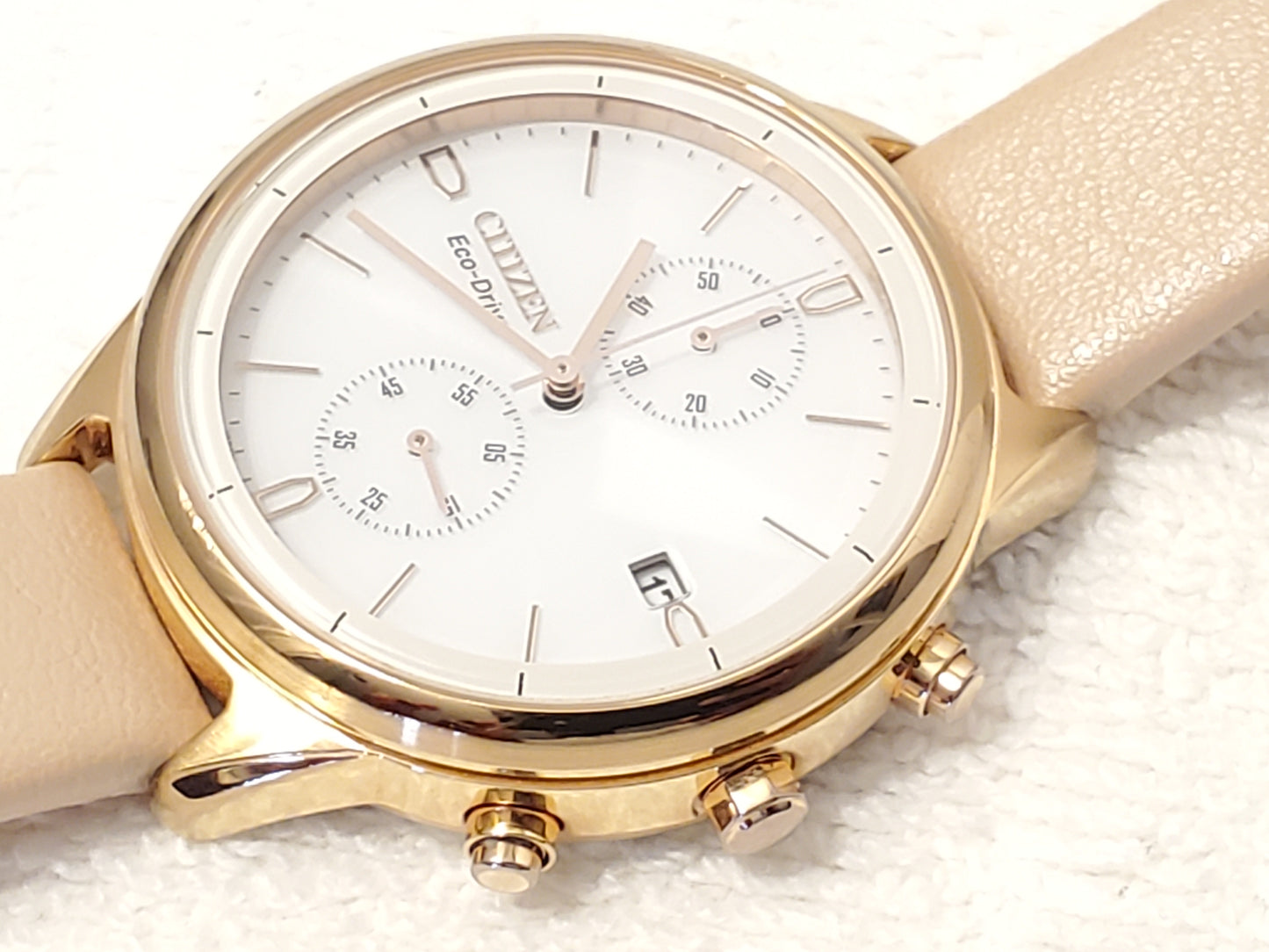 Citizen Eco Drive Chronograph Date Women Watch Rose Gold Tone White Dial Leather