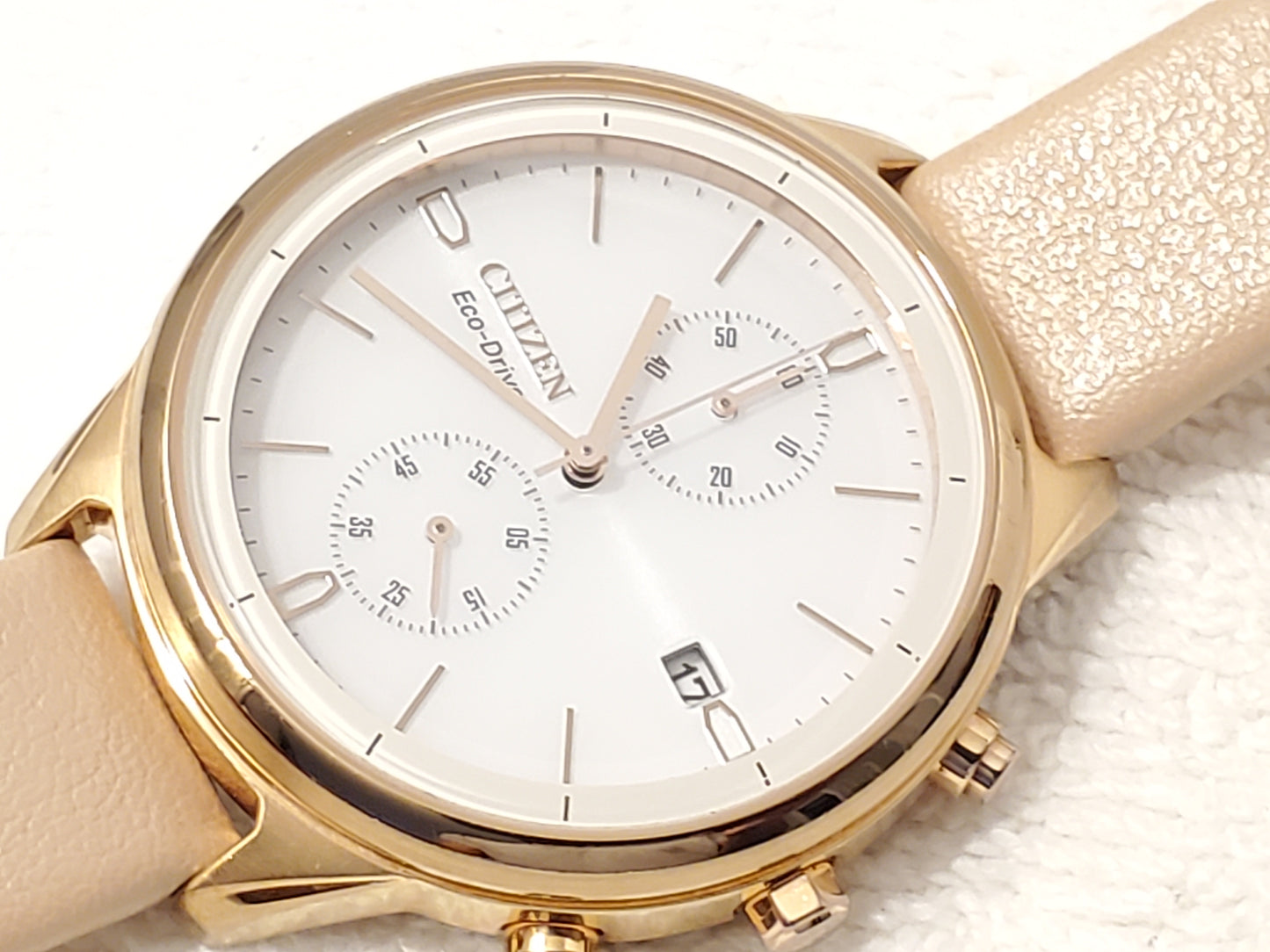 Citizen Eco Drive Chronograph Date Women Watch Rose Gold Tone White Dial Leather