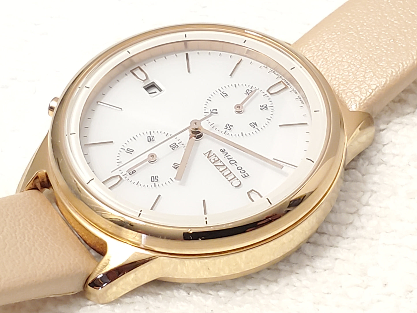 Citizen Eco Drive Chronograph Date Women Watch Rose Gold Tone White Dial Leather