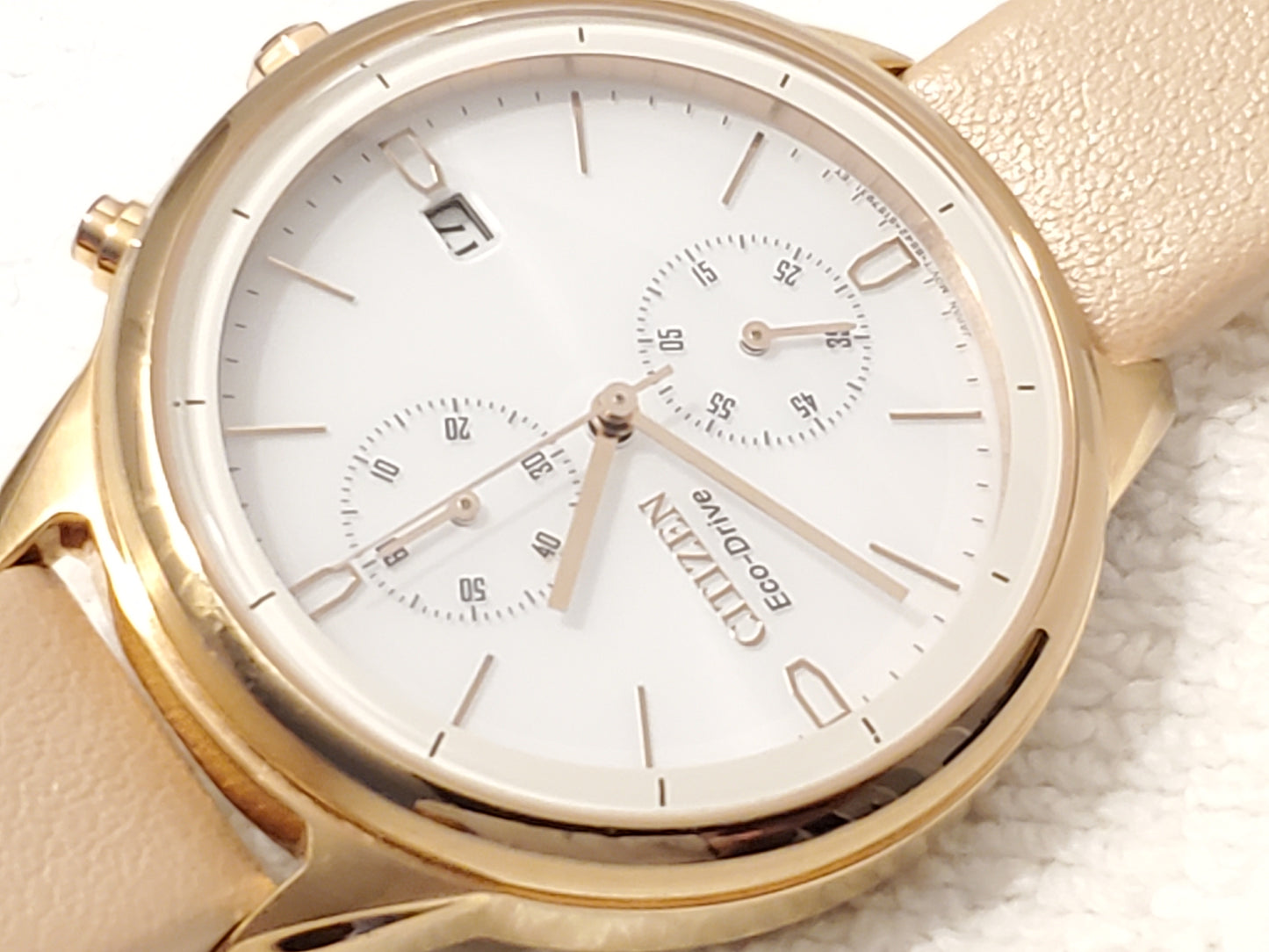 Citizen Eco Drive Chronograph Date Women Watch Rose Gold Tone White Dial Leather