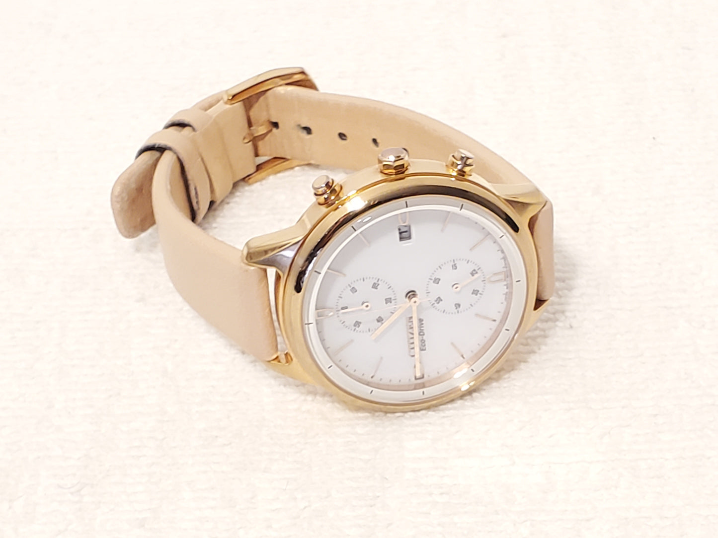 Citizen Eco Drive Chronograph Date Women Watch Rose Gold Tone White Dial Leather