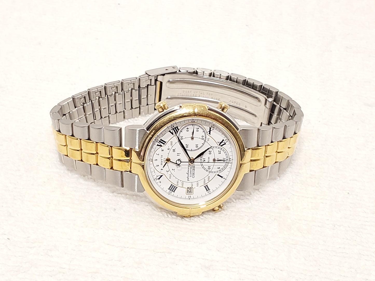 Vintage Seiko Chronograph Alarm Date Men's Watch White Dial Roman Numerals