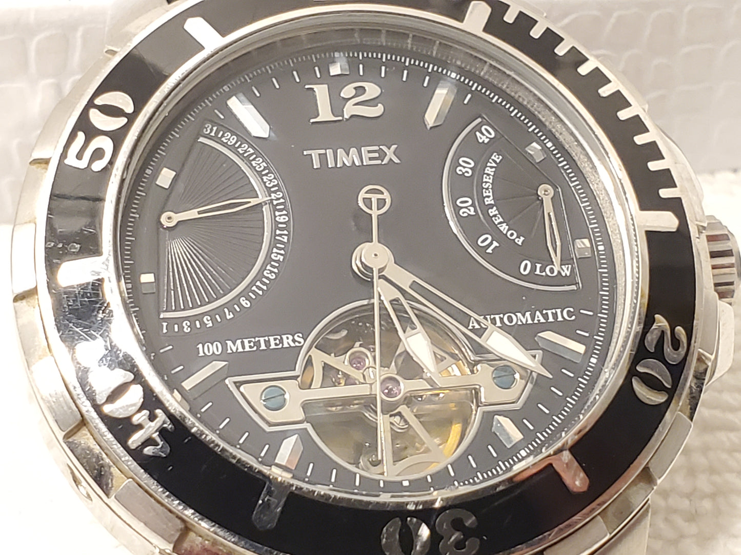Vintage Timex Automatic Power Reserve Date Men's Black Dial Watch Leather Strap