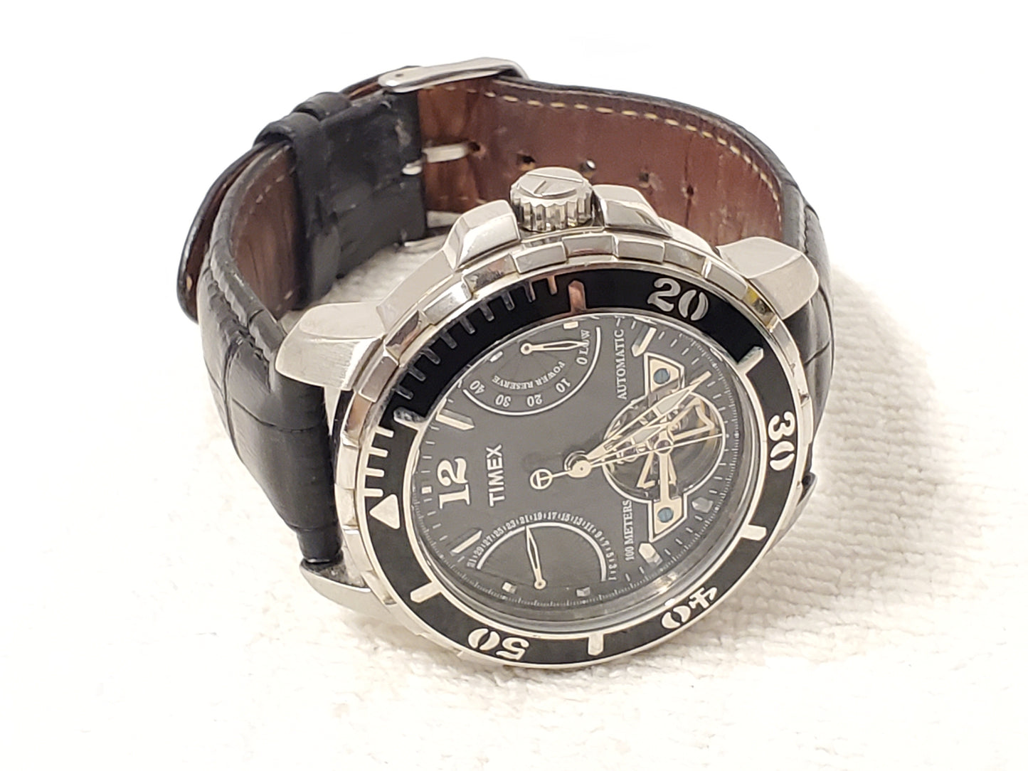 Vintage Timex Automatic Power Reserve Date Men's Black Dial Watch Leather Strap