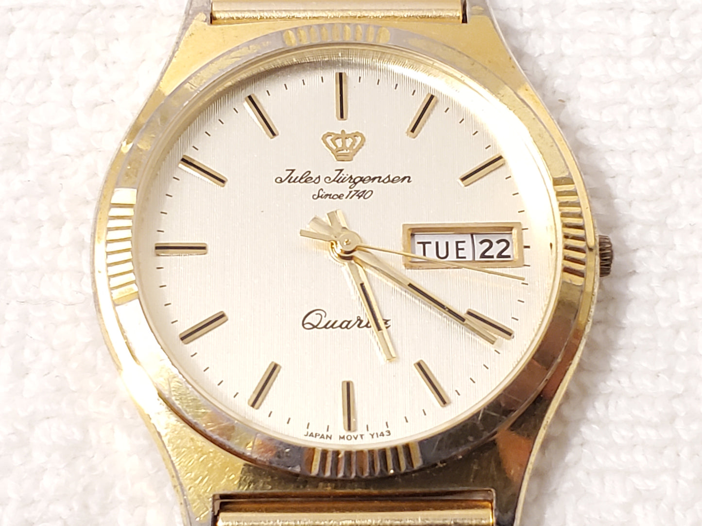 Vintage Jules Jurgensen Men's Gold Tone Day Date Quartz Watch Stainless Steel