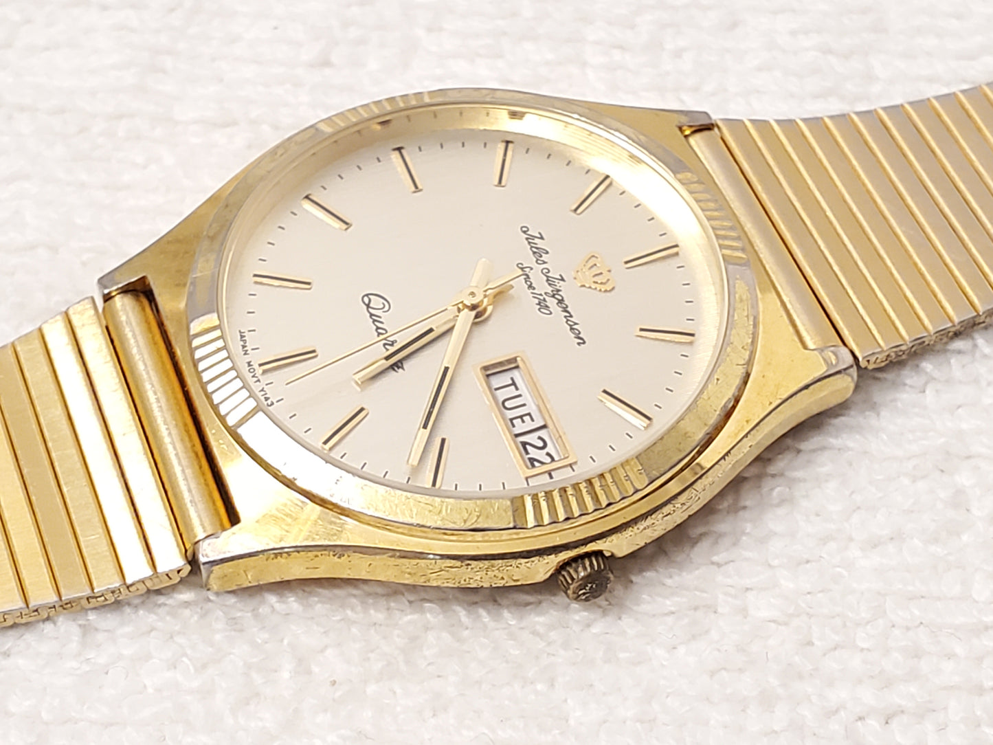 Vintage Jules Jurgensen Men's Gold Tone Day Date Quartz Watch Stainless Steel