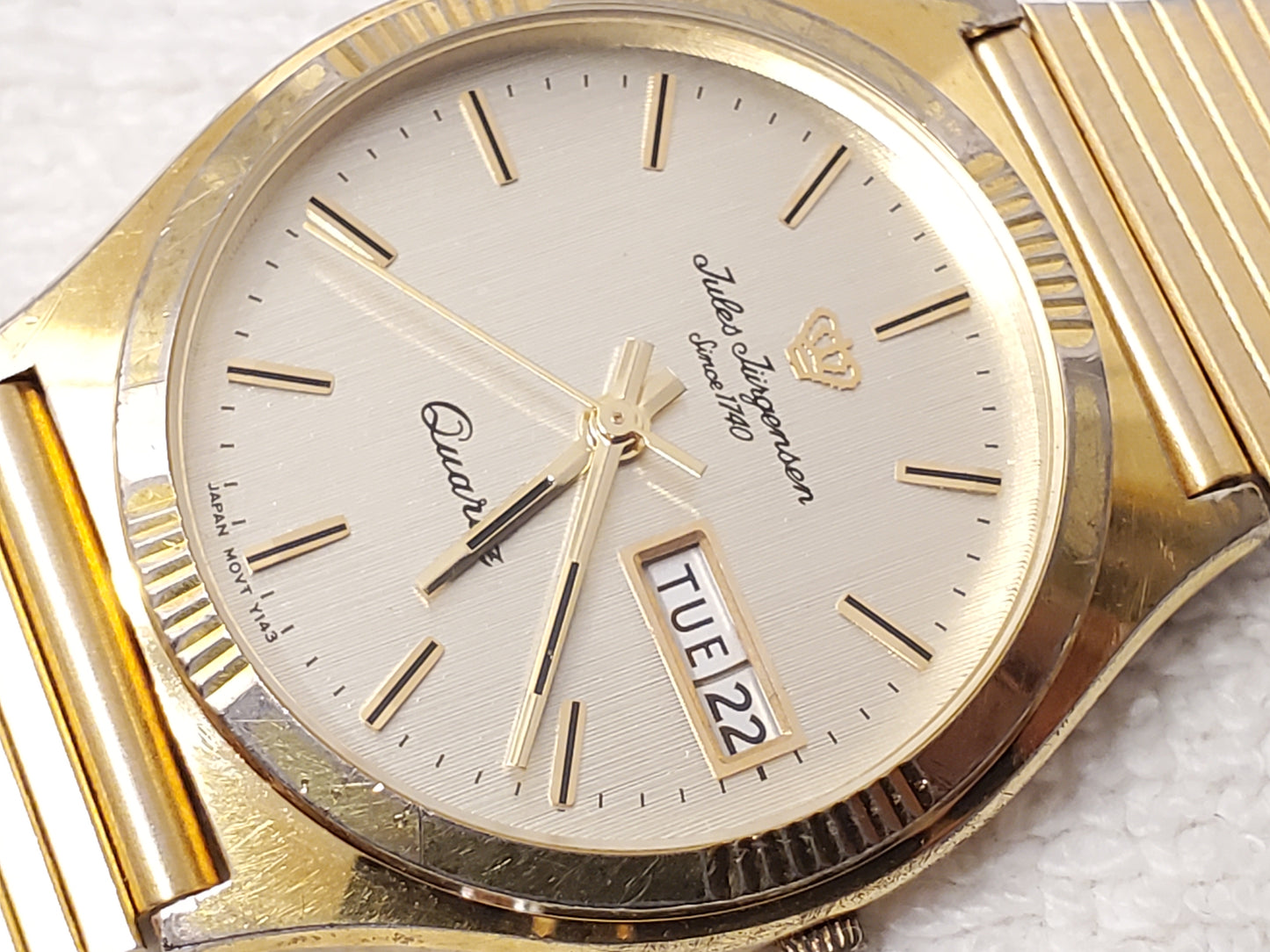 Vintage Jules Jurgensen Men's Gold Tone Day Date Quartz Watch Stainless Steel