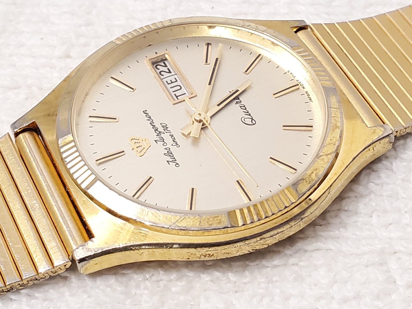 Vintage Jules Jurgensen Men's Gold Tone Day Date Quartz Watch Stainless Steel