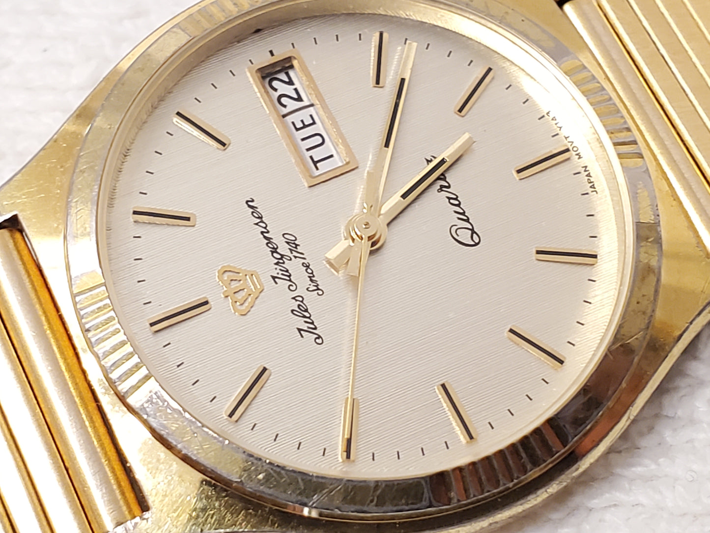 Vintage Jules Jurgensen Men's Gold Tone Day Date Quartz Watch Stainless Steel