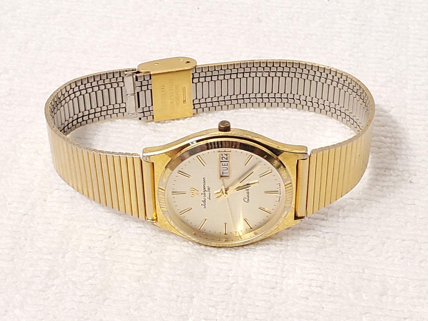 Vintage Jules Jurgensen Men's Gold Tone Day Date Quartz Watch Stainless Steel