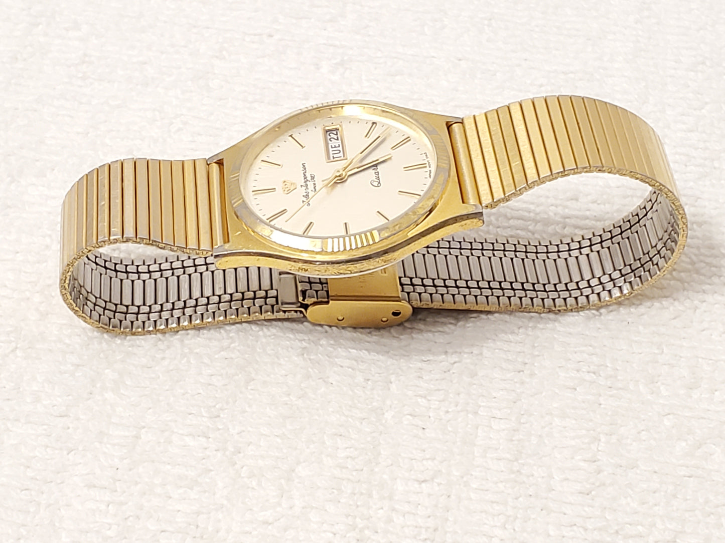 Vintage Jules Jurgensen Men's Gold Tone Day Date Quartz Watch Stainless Steel