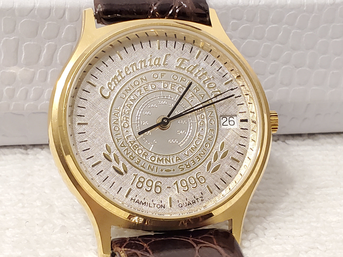 Vintage Hamilton Men's Date Watch Gold Plated 7 Jewels Silver Dial Leather Strap