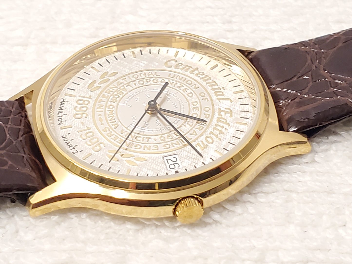 Vintage Hamilton Men's Date Watch Gold Plated 7 Jewels Silver Dial Leather Strap