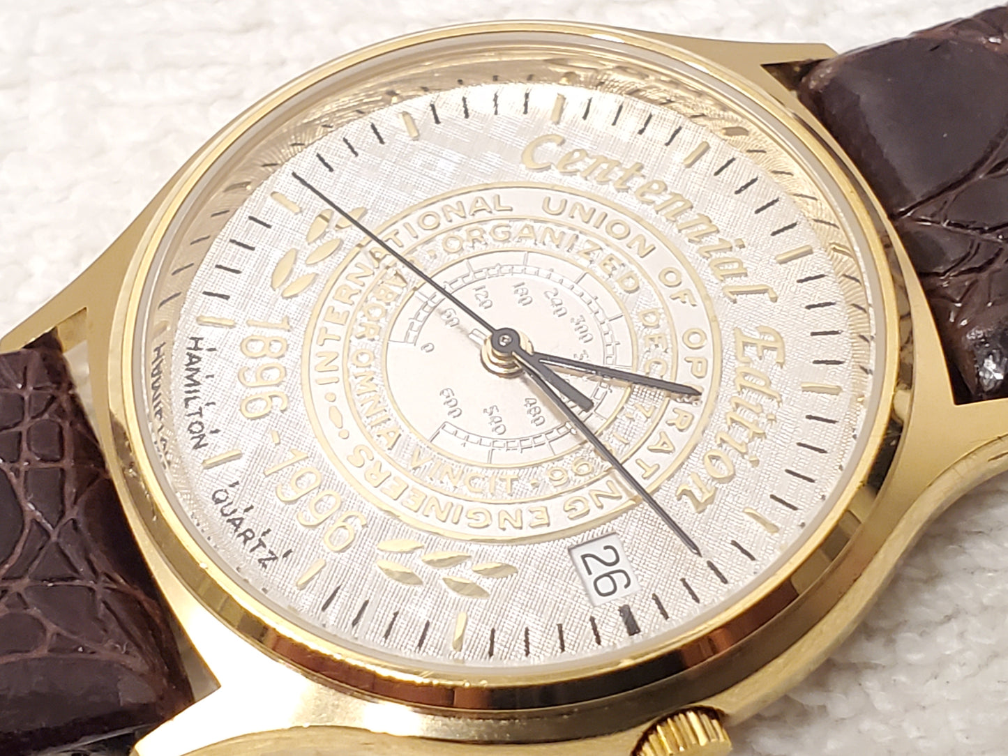 Vintage Hamilton Men's Date Watch Gold Plated 7 Jewels Silver Dial Leather Strap