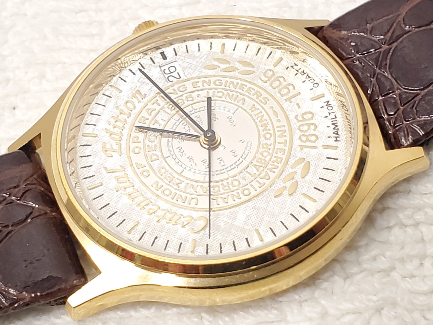 Vintage Hamilton Men's Date Watch Gold Plated 7 Jewels Silver Dial Leather Strap