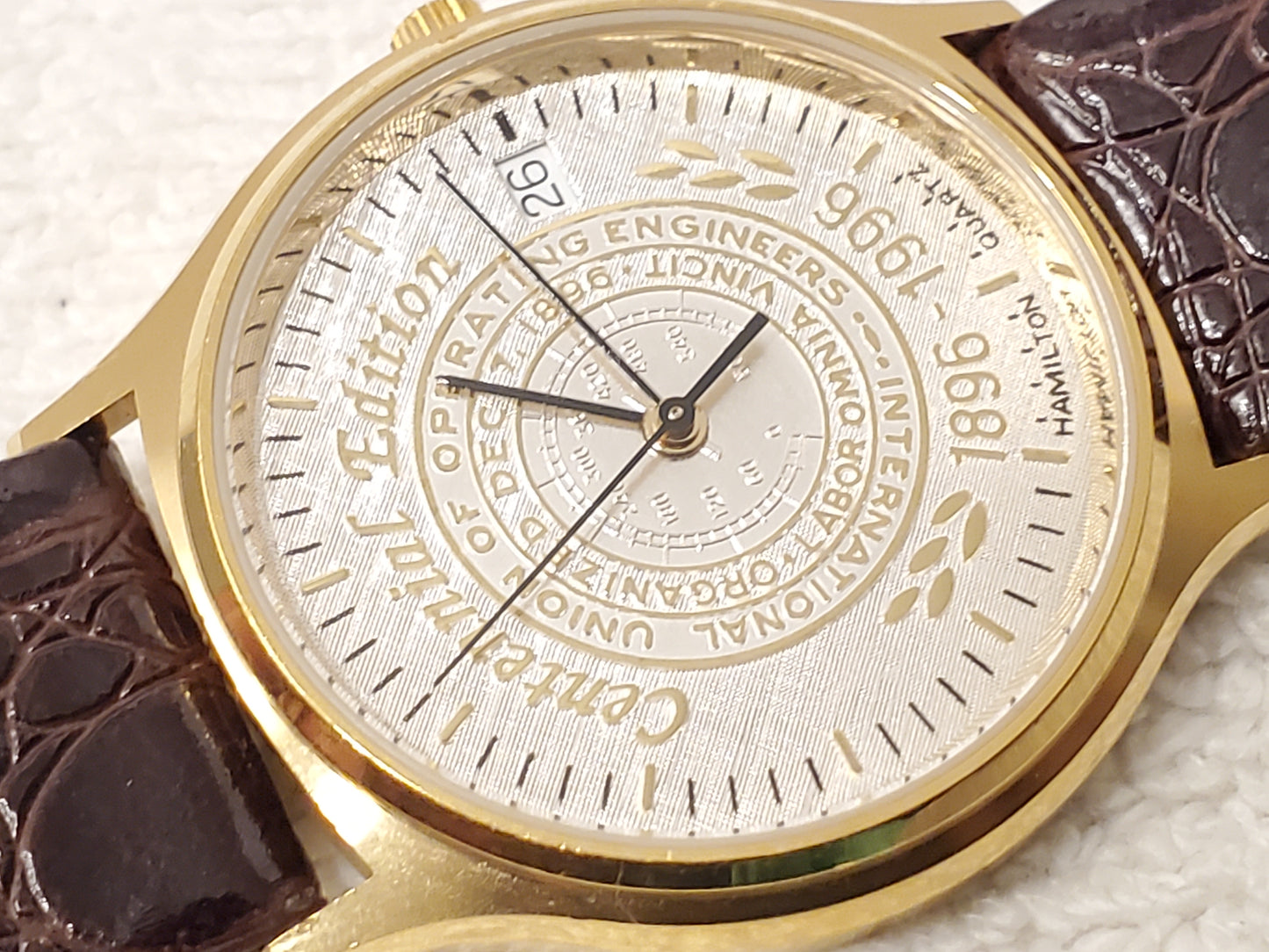 Vintage Hamilton Men's Date Watch Gold Plated 7 Jewels Silver Dial Leather Strap