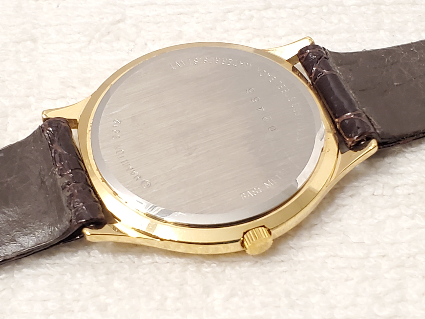 Vintage Hamilton Men's Date Watch Gold Plated 7 Jewels Silver Dial Leather Strap