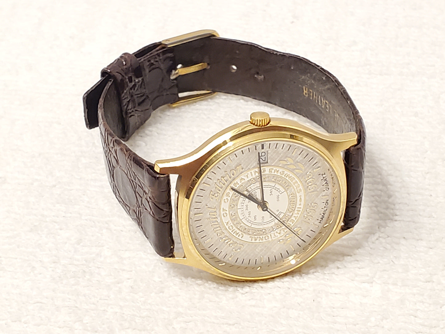 Vintage Hamilton Men's Date Watch Gold Plated 7 Jewels Silver Dial Leather Strap
