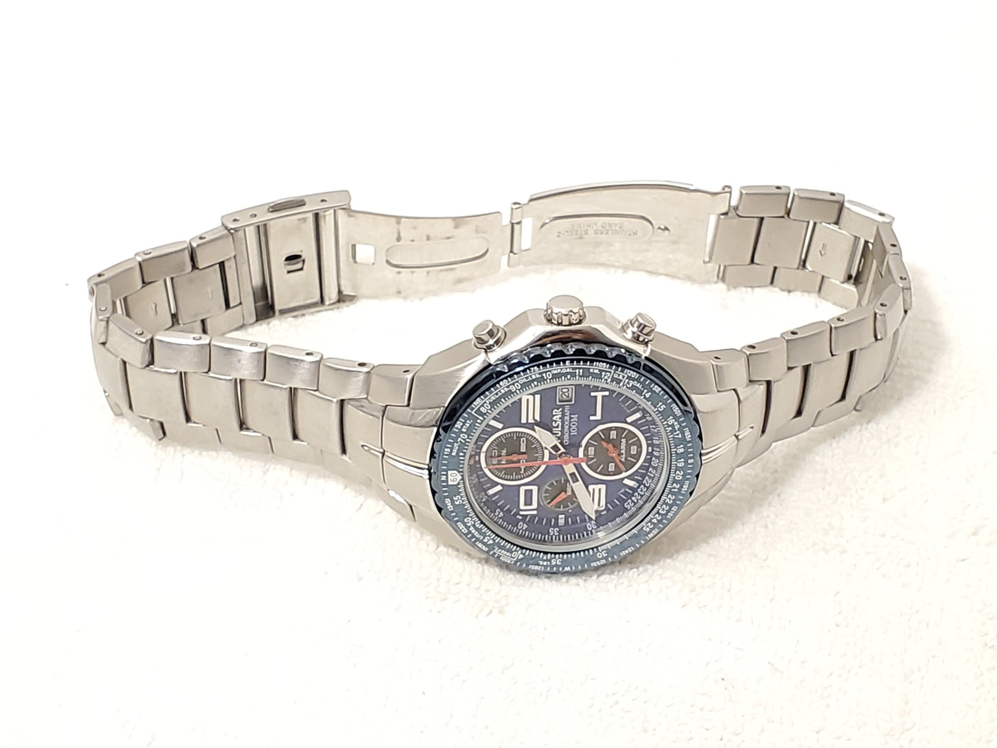 Vintage Pulsar by Seiko Men's Stainless Steel Chronograph Date Watch Blue Dial