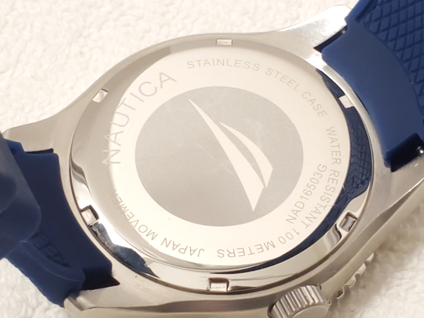 Nautica Red Blue Bezel Men's Day Date Quartz Watch Stainless Steel WR 100 Meters