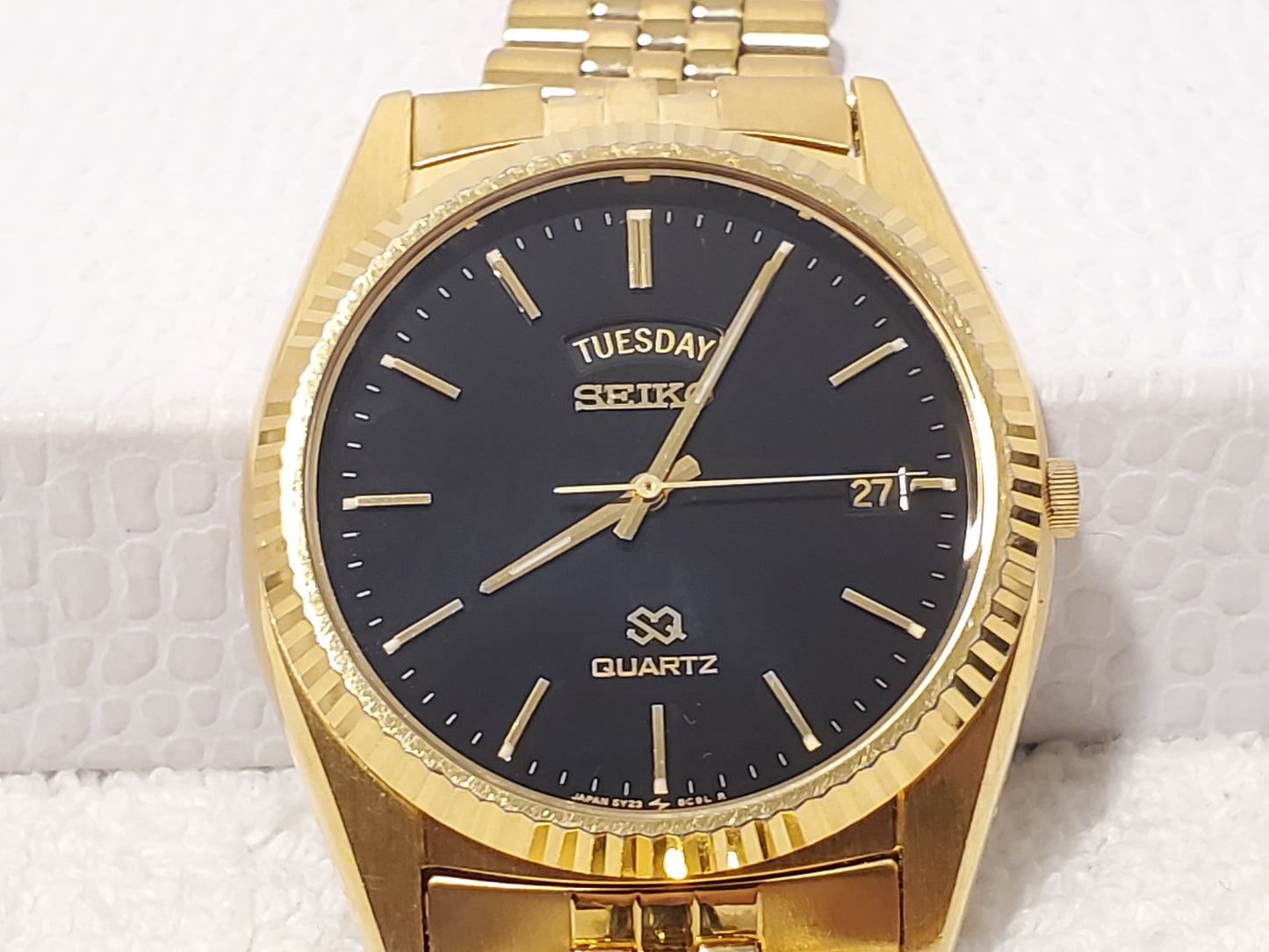 Vintage Seiko SQ Presidential Men's Day Date Watch Gold Tone Black Dial 1 Jewel
