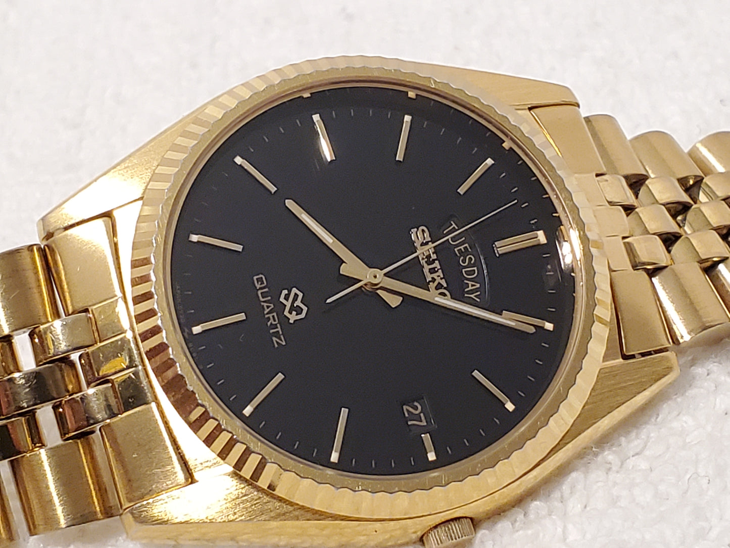 Vintage Seiko SQ Presidential Men's Day Date Watch Gold Tone Black Dial 1 Jewel