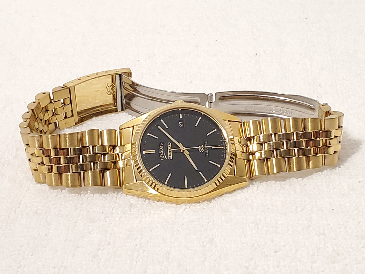 Vintage Seiko SQ Presidential Men's Day Date Watch Gold Tone Black Dial 1 Jewel