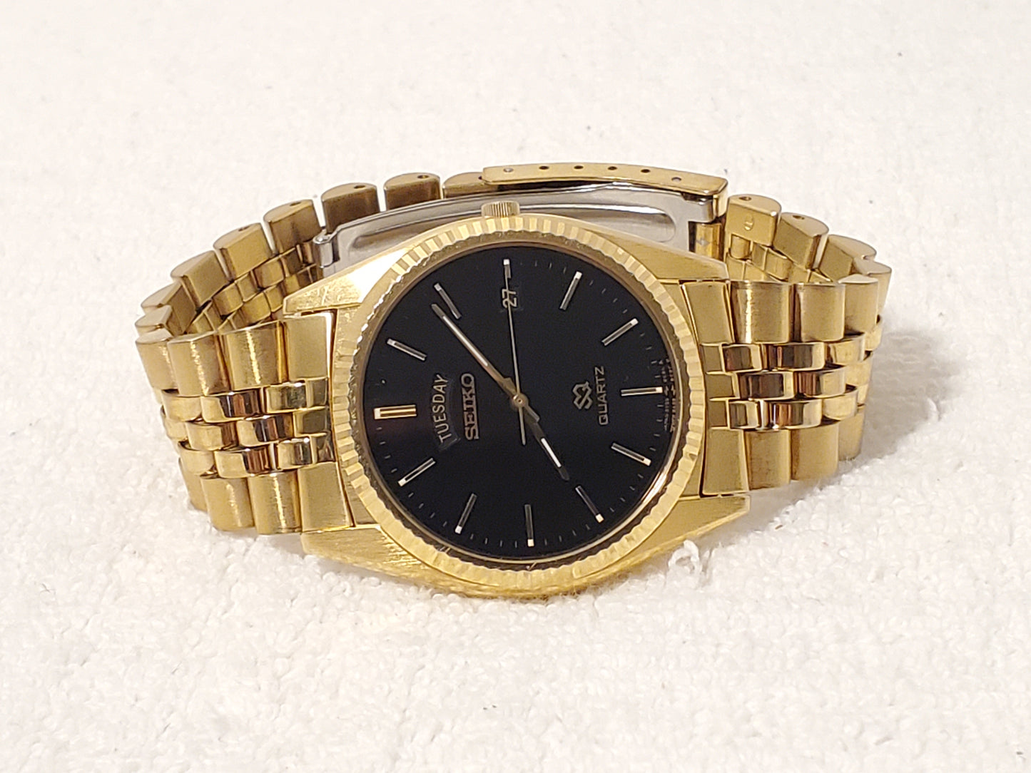Vintage Seiko SQ Presidential Men's Day Date Watch Gold Tone Black Dial 1 Jewel