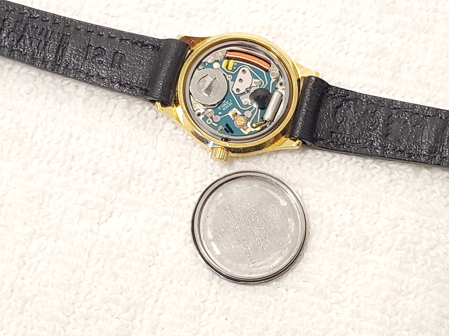 Vintage Hamilton Art Craft Women's Gold Plated Watch Seven Jewels Black Leather