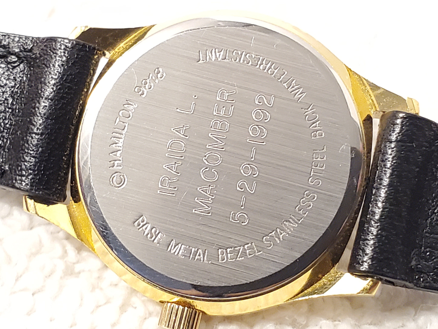 Vintage Hamilton Art Craft Women's Gold Plated Watch Seven Jewels Black Leather