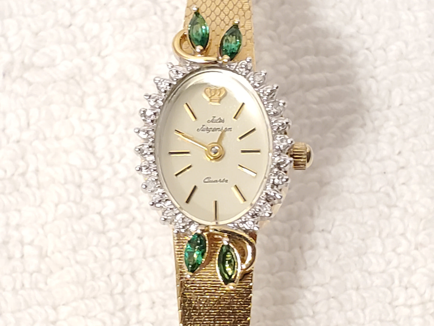 Vintage Jules Jurgensen Women's Gold Tone Watch 1 Jewel Diamonds Bezel Emerald