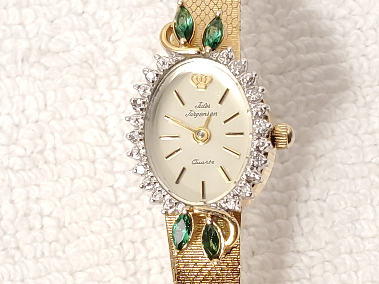 Vintage Jules Jurgensen Women's Gold Tone Watch 1 Jewel Diamonds Bezel Emerald