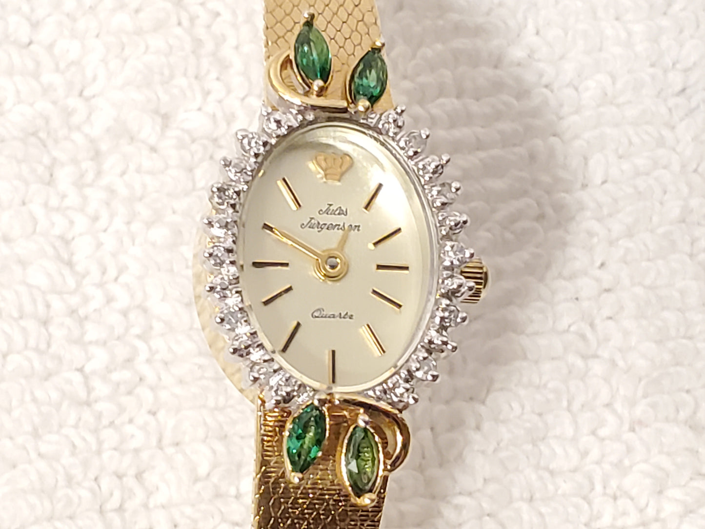 Vintage Jules Jurgensen Women's Gold Tone Watch 1 Jewel Diamonds Bezel Emerald